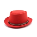 Detail view of red felt fedora hat featuring an ethnic woven band and metal buckle - M (56-58cm) / Red