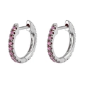 Detailed close-up of silver-tone hoop earrings with pink zircons and 14K engraving - Silver Pink Gemstone