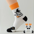 Scary Halloween mid-calf socks in white with orange cuffs and spooky graphic prints - One Size 37-46 / No.08 White Witch Elements