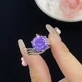 Elegant engagement ring with a large purple gemstone and pavé zircon stones on the band - Lithium Spodumene Ljz-230 / Adjustable Open