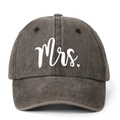 Close-up of Mrs. embroidery and heart on a washed cotton grey baseball cap surface - Coffee