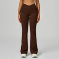 Dark brown high waisted flare yoga pants with crossover V-waist and side pockets - S / Coffee