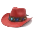 Red western straw cowboy hat with turquoise buckle and embroidered band for sun protection - M(56-58cm) / Red
