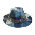 Fashionable denim patchwork fedora hat with ethnic beads, turquoise and fringe details - One Size / Royal Blue (M Denim Ethnic Style)