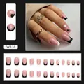 French tip press-on nails with black and white heart designs in medium square shape - Mandarin Duck Heart Style (W338)