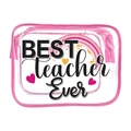 Pink PVC clear makeup bag with BEST teacher Ever print and rainbow heart design - 106-Best Teacher Ever Pink