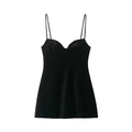 Elegant black velvet mini dress with spaghetti straps and a sweetheart neckline design - XS / Black