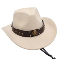 Detail of cream wool felt western hat with studded leather band and horseshoe emblem - One Size / Beige