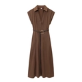 Brown sleeveless midi dress with notched collar and belted waist on white background - XS / Dark Brown