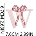 Detailed size view of pink letter W embroidered patch with red bow and stitch dimensions - Pink Letter W