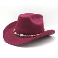 Burgundy faux suede cowboy hat featuring bohemian beaded band with turquoise accents - Burgundy