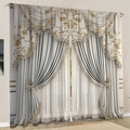 Silver-grey luxury curtains with golden floral embroidery and decorative valance set - Silver Grey Gold Embroidery