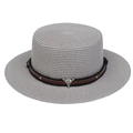 Grey flat-top straw fedora featuring a brown band and silver bull head metal ornament - Cow Skull Studded Belt Style (298L)