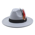 Classic light grey cashmere felt fedora hat with black ribbon and natural feather accent - M (56-58cm) / Light Gray