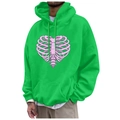 Bright green fleece hoodie for men and women with pink heart ribcage skeleton print - S / Tops / Bright Green