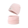 Pink fleece winter set with beanie and neck warmer featuring a minimalist brand patch - Pink