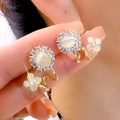 Elegant gold flower earring with cat eye stone and zircon accents for a chic look - Cat Eye Stone Flower Stud Earrings (A2053) / One Pair / Gold
