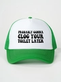 Macro view of green mesh trucker hat featuring bold humorous text on a white front panel - One Size / White and Green