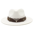 Close-up of white woven straw hat with brown leather belt and silver bull head emblem - White