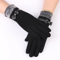 Women's black winter warm gloves with grey faux fur trim and leather bow decoration - Leather Bow Style / Black