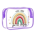 Transparent PVC makeup bag with purple trim and rainbow print plus you are amazing text - 094-3D Rainbow Purple