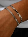 Silver stainless steel bracelet set with wheat and figaro chains on male wrist - Two-piece Bracelet Set (Wheat Chain + Figaro Chain) / Silver