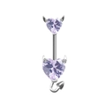 Piercing nombril cœur diable argenté avec zircons violets et cornes - Platine Zircone Violette