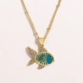 Detailed shot of golden fish pendant with blue enamel and sparkling cubic zirconia stones - Blue Goldfish