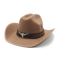 Detail view of khaki felt cowboy hat with leather band and silver bull head ornament - M (56-58cm) / Khaki