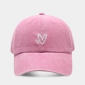 Detail of pink washed cotton baseball cap with white double heart embroidery - Adjustable / Pink