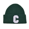 Detailed close-up of dark green knit beanie with white letter C patch embroidery - Green & White