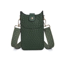 Detail of dark green woven leather phone bag with gold clasp and patterned wide strap - Green
