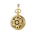 Golden pocket watch featuring a hollow compass cover design with matching metal chain - Gold