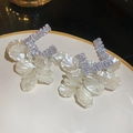 Elegant fabric flower earrings with white resin petals and rectangular zircon crystals - Shell Style (47#) / 925 Silver Needle / Silver-White