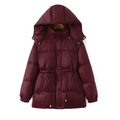 Wine red mid-length hooded winter puffer coat with adjustable drawstring waist and zipper - S / Burgundy