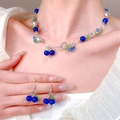 Blue cherry pendant necklace and earrings set with transparent crystal beads - Silver Blue Cherry (WG-26)