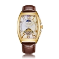 Gold tonneau mechanical watch with brown leather strap and white moon phase skeleton dial - Brown Strap Gold Case White Dial