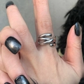 Minimalist silver multi-layered wrap ring on model with black nail polish - JZ0181 (Multi-Circle Open)