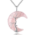 Pink crystal tree of life moon pendant with silver wire wrap and stainless steel chain - Rose Quartz Necklace-Silver Chain