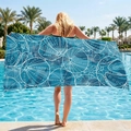 Blue microfiber beach towel with white coral patterns displayed by a resort pool - xh-017 Navy Sea Urchin Geometric / Warp Knitted 70*140cm