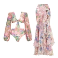 Pink floral two-piece resort set with long sleeve cutout top and ruffled maxi skirt - S / Long Sleeve Set
