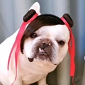Funny black pet bun wig with red ribbons on a white bulldog for festive costumes - Nezha Style Buns