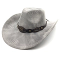 Detail of western woven cowboy hat with bronze bull emblem and studded leather band - M (56-58cm) / Striped Grey