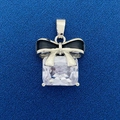 Silver pendant featuring a square clear zircon with a black bow in gift box style - Bow Gift Box Shape (702)