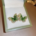 Vintage golden butterfly earrings with green stones and white zircons in a jewelry box - Green Crystal Butterfly Zircon Stud Earrings