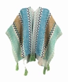 Ethnic knit shawl poncho with blue wave patterns and tassel trim for women - Cardigans / Clear Blue