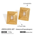 Gold rectangular stainless steel earrings with emerald-cut clear crystals on white background - Gold Clear Rhinestone Style (JDE0112031-WT)