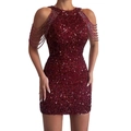 Sexy wine red sequin mini dress with cold shoulder design and tassel bead accents - S / Burgundy