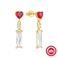 Orecchino in argento S925 con cuore rosso e pendente di zircone rettangolare - Cuore Rettangolo Zircone Oro / Oro