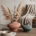 Modern Nordic ceramic vase set in brown and dark green with handmade textured finish - Peak Brown L + Dark Green S Set